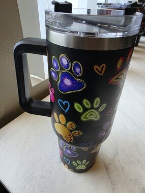 Matte Black Travel Tumbler with Colorful Paw Prints and Hearts
